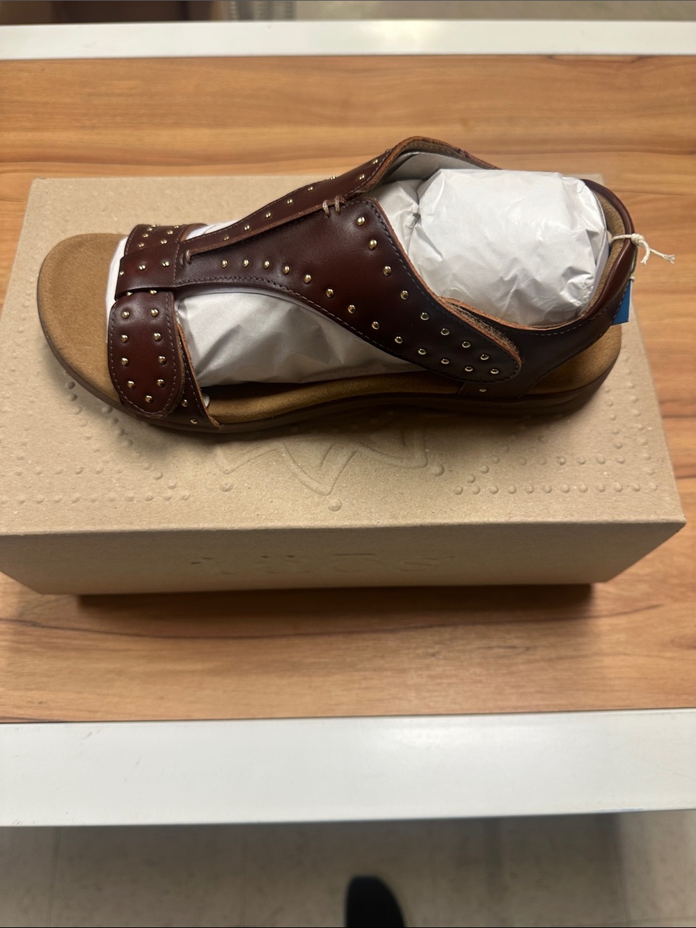 Taos Showstopper Women's Studded Cognac Color Leather Slide Sandals - Picture 6 of 11